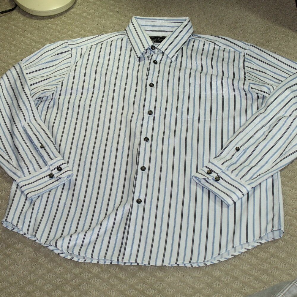 Kenneth Roberts Platinum Men's XL Blue Black Striped 100% Cotton Poplin Shirt